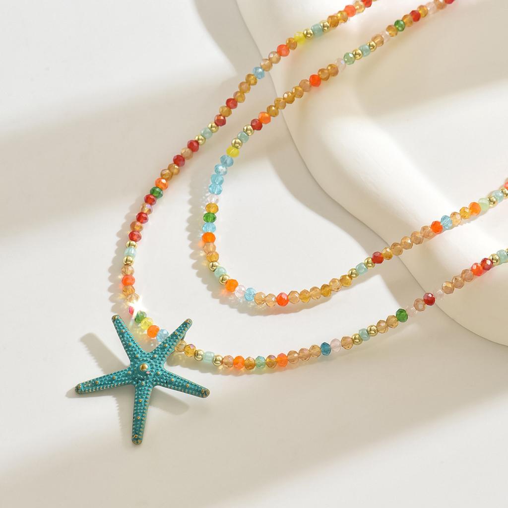 Autumn and winter color imitation crystal starfish necklace, bohemian woven beaded double-layer collarbone necklace for women