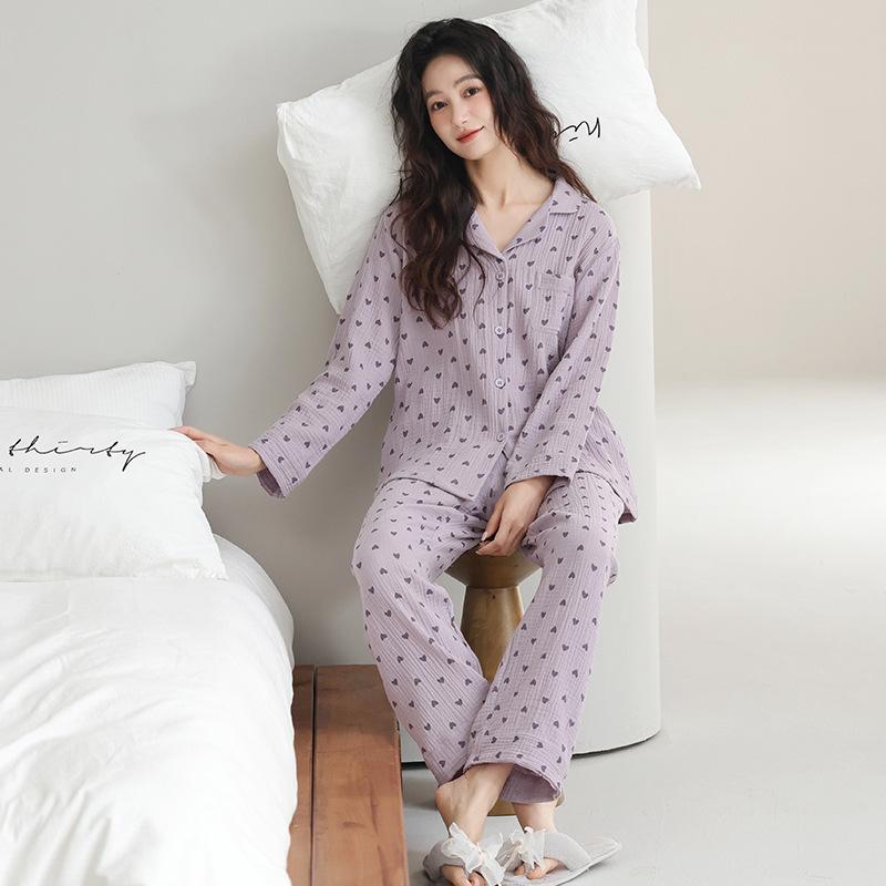 Woven Pure Cotton Pajamas Women's Spring and Autumn New Long-sleeved Loose Double-layer Gauze Sweet and Cute Loungewear Set