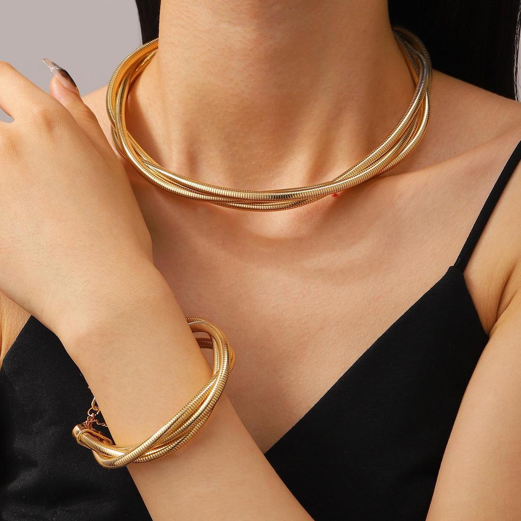 Exaggerated Multi-Layer Braided Choker & Bracelet Set for Women
