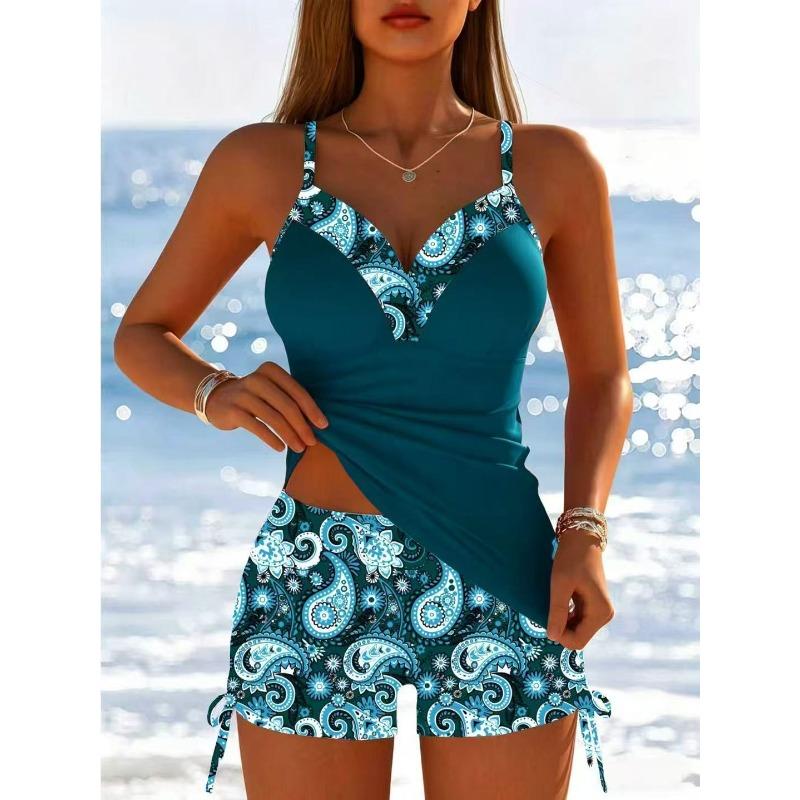 European and American Split Swimsuit Women's New Printed Suspender Conservative Swimsuit Thin and Meat-covered Quick-drying Swimsuit