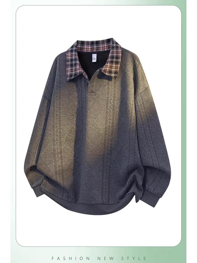 

Men s Textured Plaid Patchwork Polo Collar Hoodie - Autumn/Winter Loose Casual Top. 2XL сірий колір