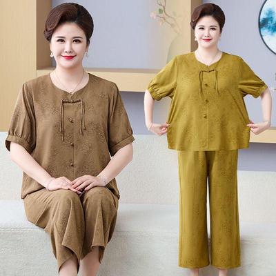 Chinese Style Summer Two-Piece Set: Mid-aged and Elderly Mom Short Sleeve Loose T-shirt and Fashionable Pants