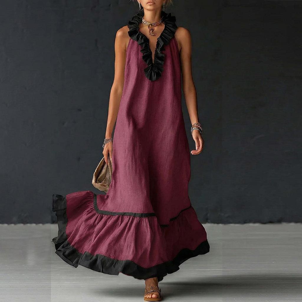 Women's Fashionable Color Round Neck 3/4 Sleeved Cotton Linen Casual Vacation Loose Long Dress