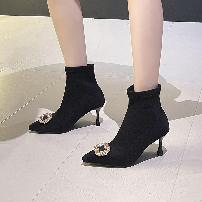 Square Buckle Rhinestone Pointed High Heel Short Boots Women's Autumn and Winter New Thin Heel Black Suede Elastic Thin and Ankle Boots Socks Boots