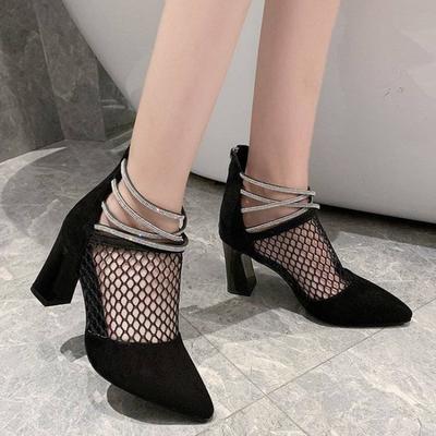 Rhinestones Black Mesh Hollow High Heels Pointed Toe Sandals for Women Casual Sales Chic and Elegant Low Price Korea Woman Shoes