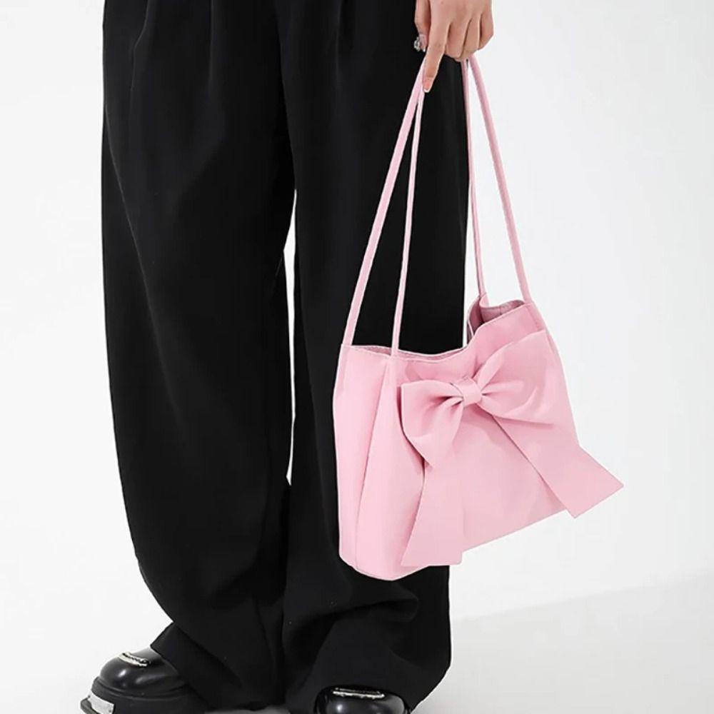 Bucket Bag PU Bow Shoulder Bag Solid Color Fashion Underarm Bag Simple INS Tote Bag  Children