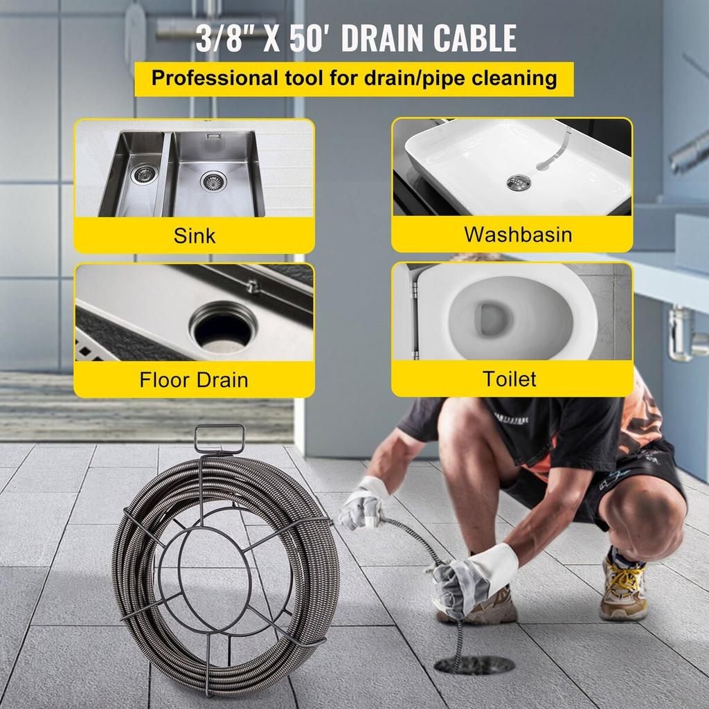 Drain Cleaning Cable 50 Feet X 3/8 Inch Solid Core Cable Sewer Cable Drain Auger Cable Cleaner Snake Clog Pipe Drain Cleaning Cable Sewer Drain Auger