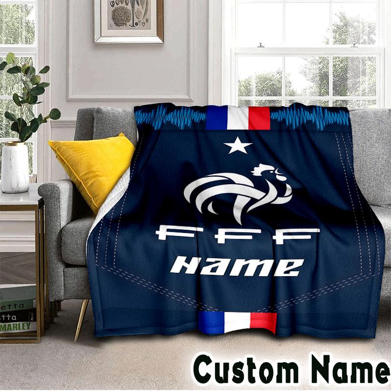 Custom Name France Football Crest Throws Blanket Flannel Blankets for Couch Bed Gifts for Men Women Picnic Blanket Christmas Fan Gifts