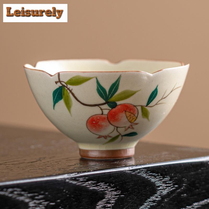 2pc/set Cream Ru Kiln Ceramic Teacup Hand-painted Pomegranate Cup Master Single Mug Taste Tea Bowl Chazhan Kung Fu Teaset 50ml