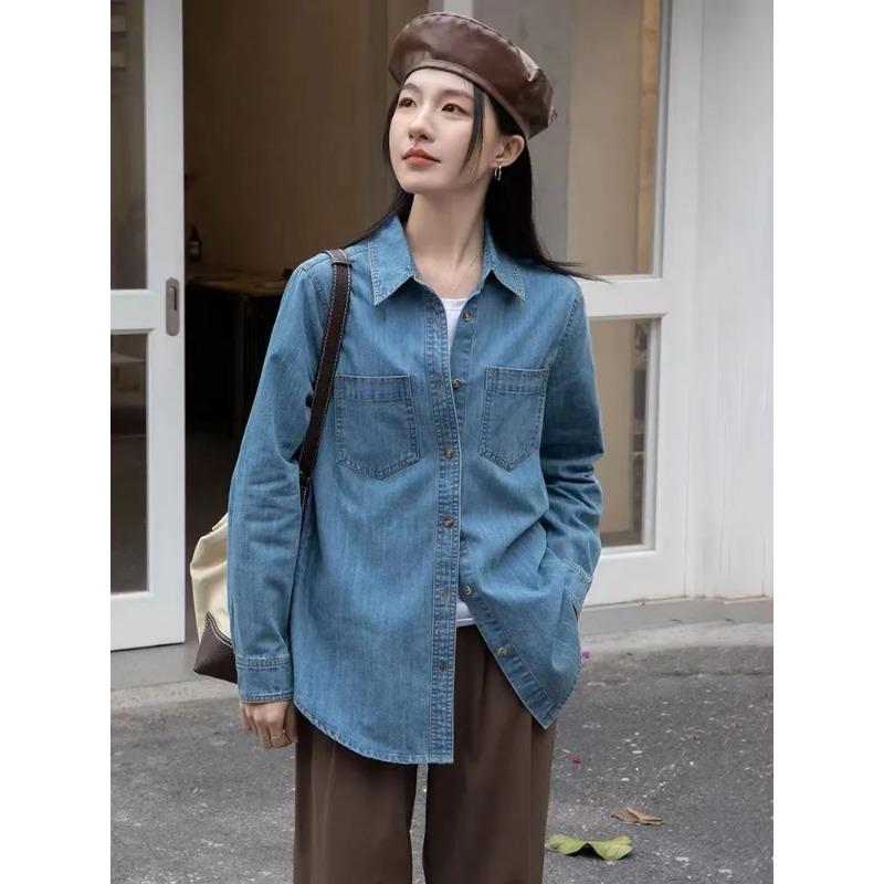 Women Blue Denim Lapel Button Down Long Sleeve Shirt S