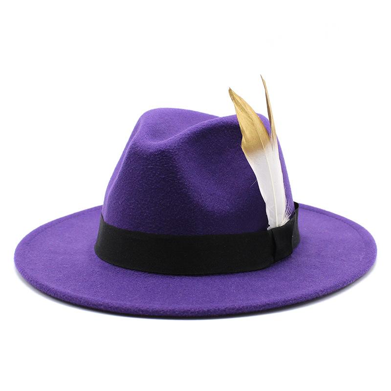 Trendy Wide-Brimmed Hat Woolen Top Hat Versatile Feather Flat Edge Jazz Hat British Style