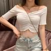 Sexy Pure Desire Ins Slim One-word Collar Off-the-shoulder Off-the-button Deep V-fold T-shirt Women's Summer Short Top Women's T-tide