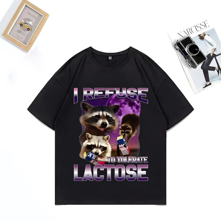 I Refuse To Tolerate Lactose Vintage T Shirt Men Woman Retro Funny Raccoon Lactose harajuku T-Shirt Relaxed Soft Cotton tshirts XXXXXL чёрный