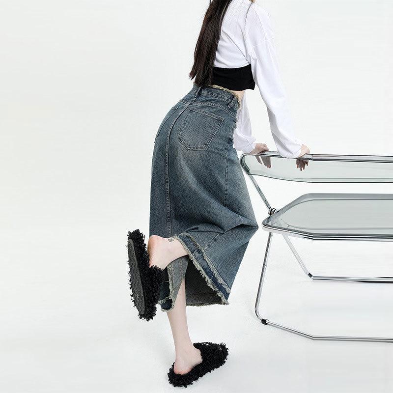 Raw Edge A-Linien-Rock Jeansrock Bustierrock Damen Sommer Retro Hohe Taille Paket Hüftrock In Der Langen Sektion Mode Jeans-Bustierrock