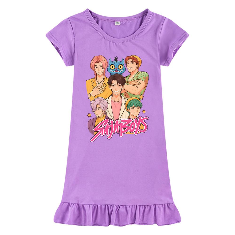 M1219 Kids Girls Sajaboys Kpop Rumi Zoey Mira Print Short Sleeves Ruffle Dress