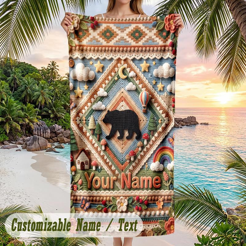 Teddy Bear Theme Beach Towel Personalized Custom Name & Text Soft Quick Dry Beach Towel for Swimming Travel