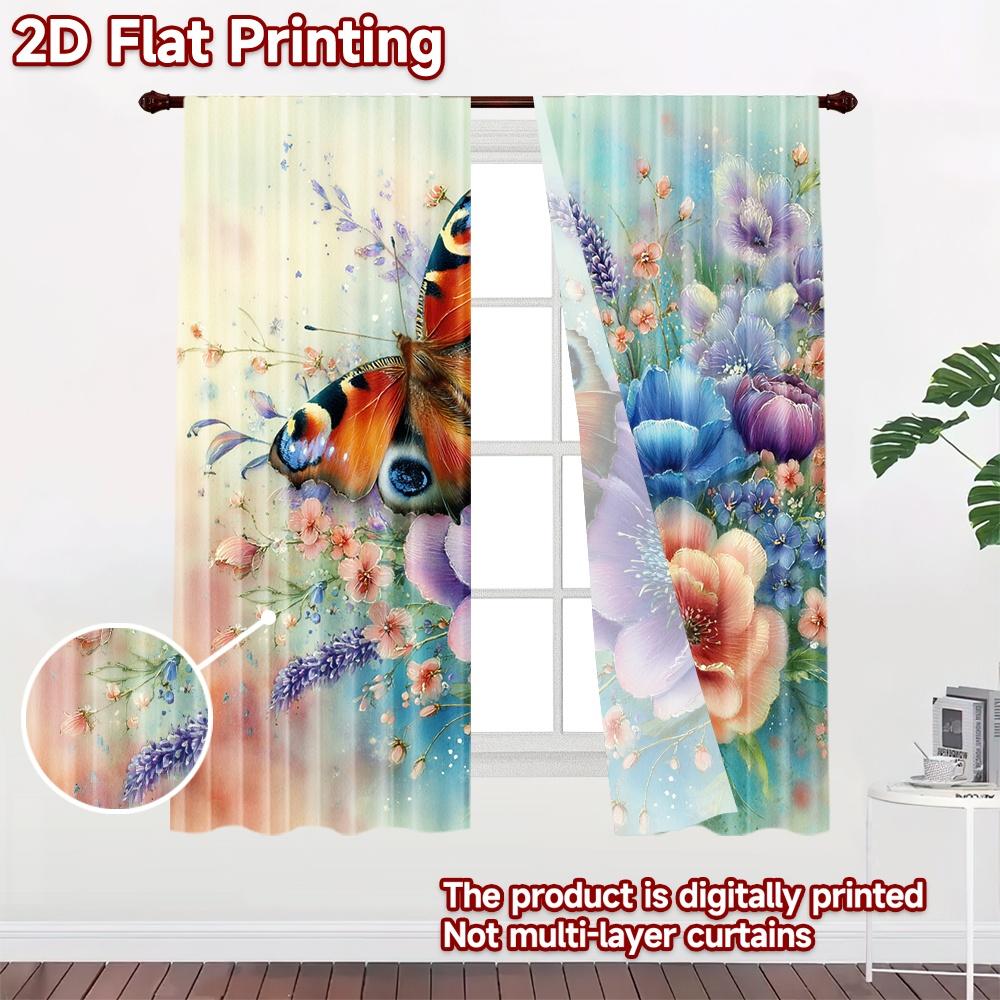 2D Flat Printing 2pcs Curtains Butterflies Floral Garden Digital Printed Polyester Drapes Family Party Use for Booths Studio