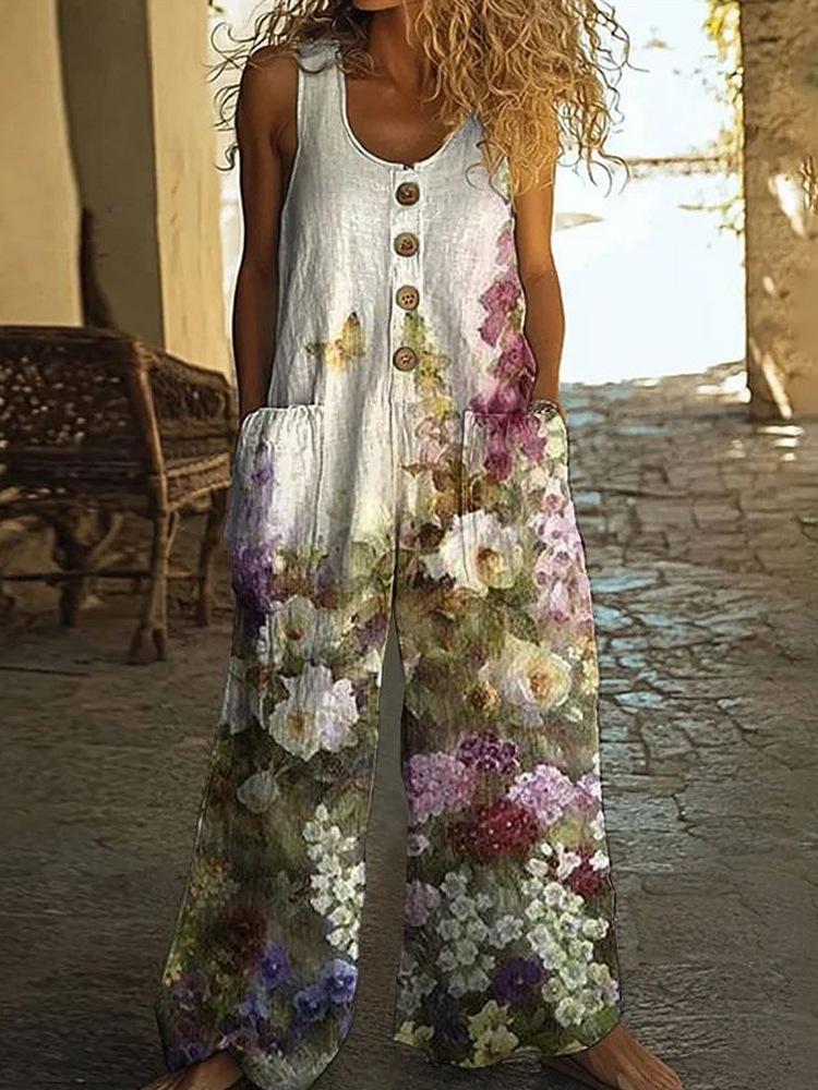 Damen Ärmelloser Jumpsuit mit Blumenmuster, Knopfleiste vorne und Seitentaschen
