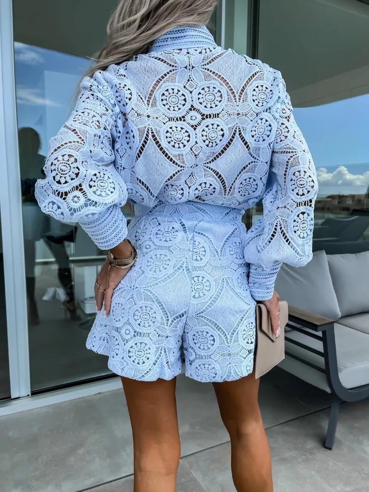 Estate 2 Pezzi Set Completi Tuta Donna Per Donne Vintage Monopetto Pizzo Bianco Set Pantaloncini Donna Manica Lunga Casual Festa Tuta