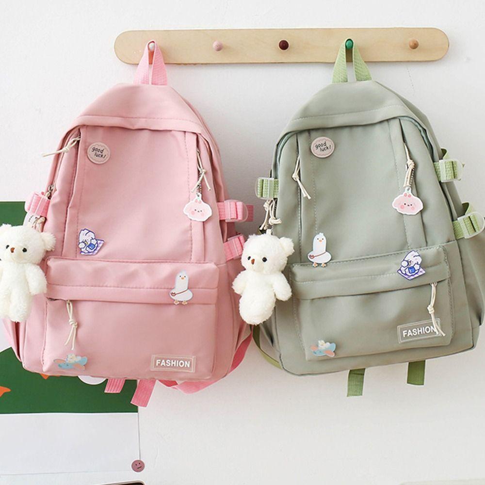 Large Capacity Solid Color Backpack Bear Pendant Shoulder Bag Cute Students School Bag  Travel