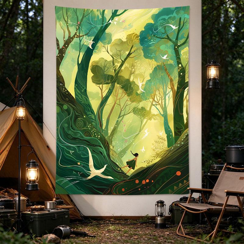 Girl Running Enchanted Forest Birds Green Fairytale Illustration Art