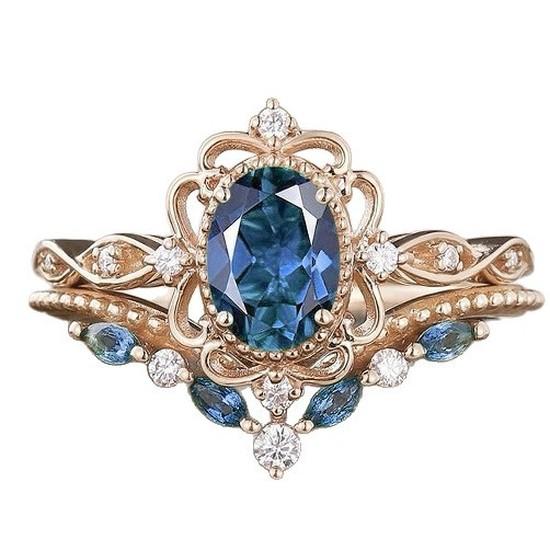 Blue Zircon Ring European and American Style Alloy Rings with Blue Diamond Accents, Gold-colored Matching Rings for Women
