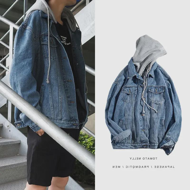 Men's Retro Hong Kong-Style Hooded Denim Jacket, Spring/Autumn Casual Loose-Fit, Trendy Workwear.