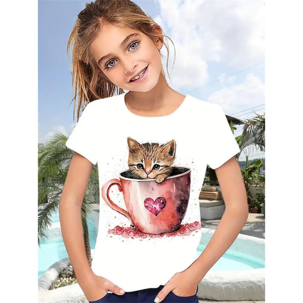2025 Funny Animal Cat 3d Print Girls' T-Shirts Party Fashion Short Sleeved Tops Tee 2025 Casual T-Shirts Girls' Clothing