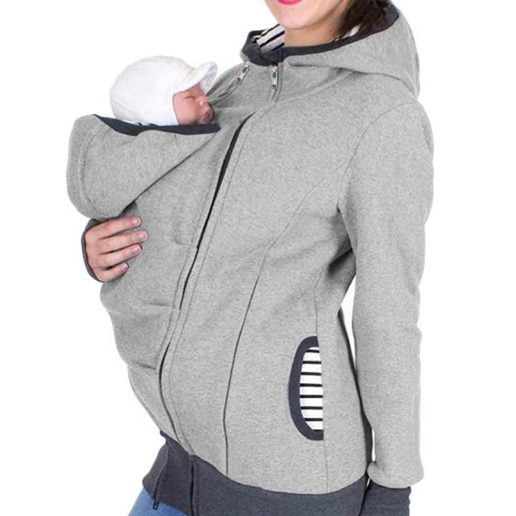 Fashion Women Maternity Striped Baby Pouch Carrier Hoodie Zipper Pregnancy Coat