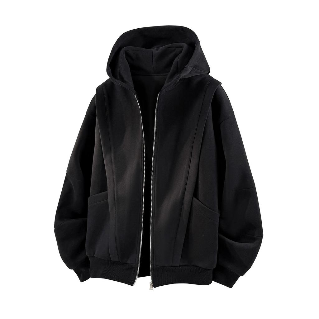 2025 New Cardigan Sweater Men's Spring and Autumn Casual Loose Stiff Heavy American Trend Splicing Long-sleeved Jacket