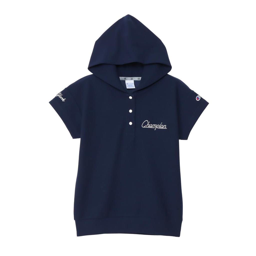 Champion Short Sleeve Hooded Polo Shirt UV Logo Embroidery Women's (CW-BG307), Navy, Heat-Shielding, Protection, Quick-Drying, One-Point