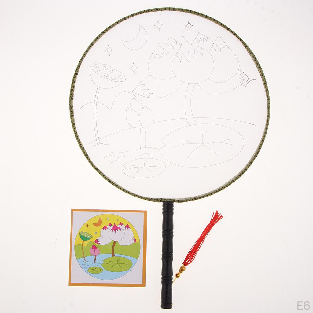 1 piece Ancient Handheld Fan Round Paddle Mandarin Handle with Fabric, Blank Patterns