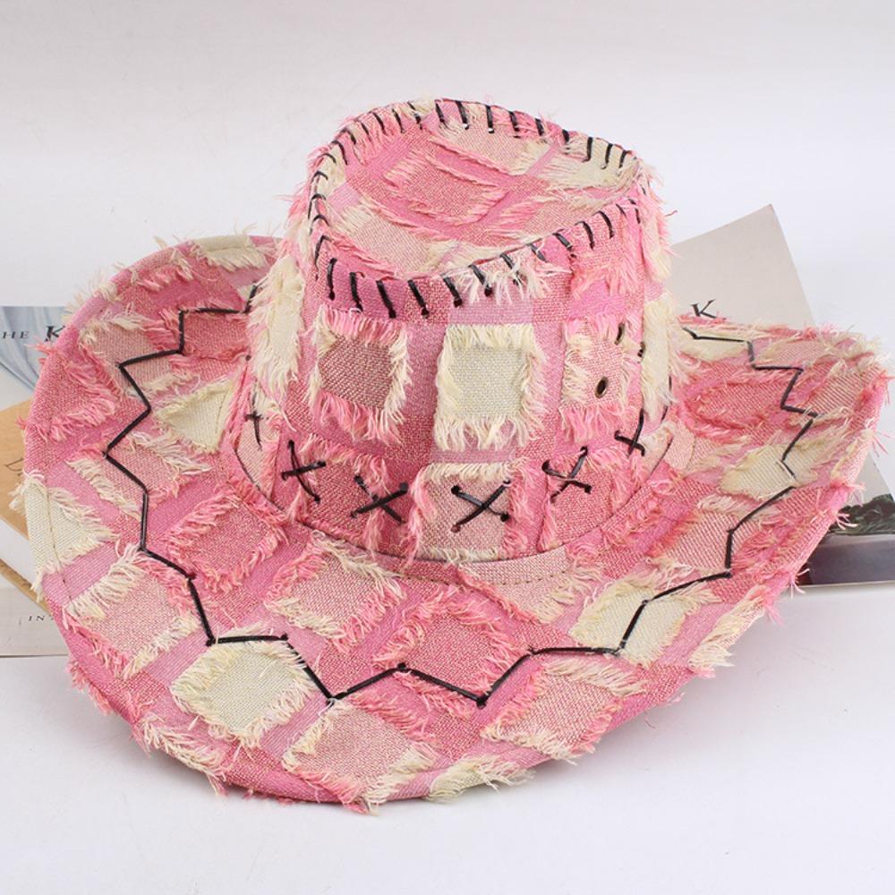 

Регулируемая широкополая шляпа от солнца Y2k клетчатая шляпа рыцаря модная шляпа западного ковбоя для мужчин и женщин розовый