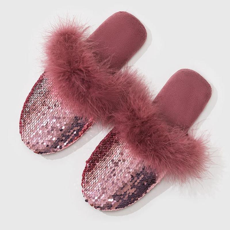 Fashion Luxury Sequins Feather Decoration Flat Slipper Women Cozy Fluffy Soft Bottom Home Slipper Fashion Brand Designer Cotton Slippers