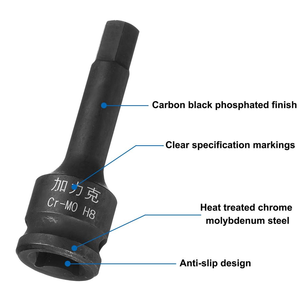 uxcell 6pcs Drive x H8 Impact Hex Bit Socket Metric Length Steel for Use with Impact Drivers and Hand Ratchets 1/2" (8mm) 2.36" CR-MO