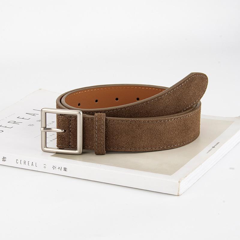 Korean Version of Retro Frosted Suede Women's Genuine Leather Belt Silver Square Buckle High-end Sense with Jeans Decorative Belt for Women