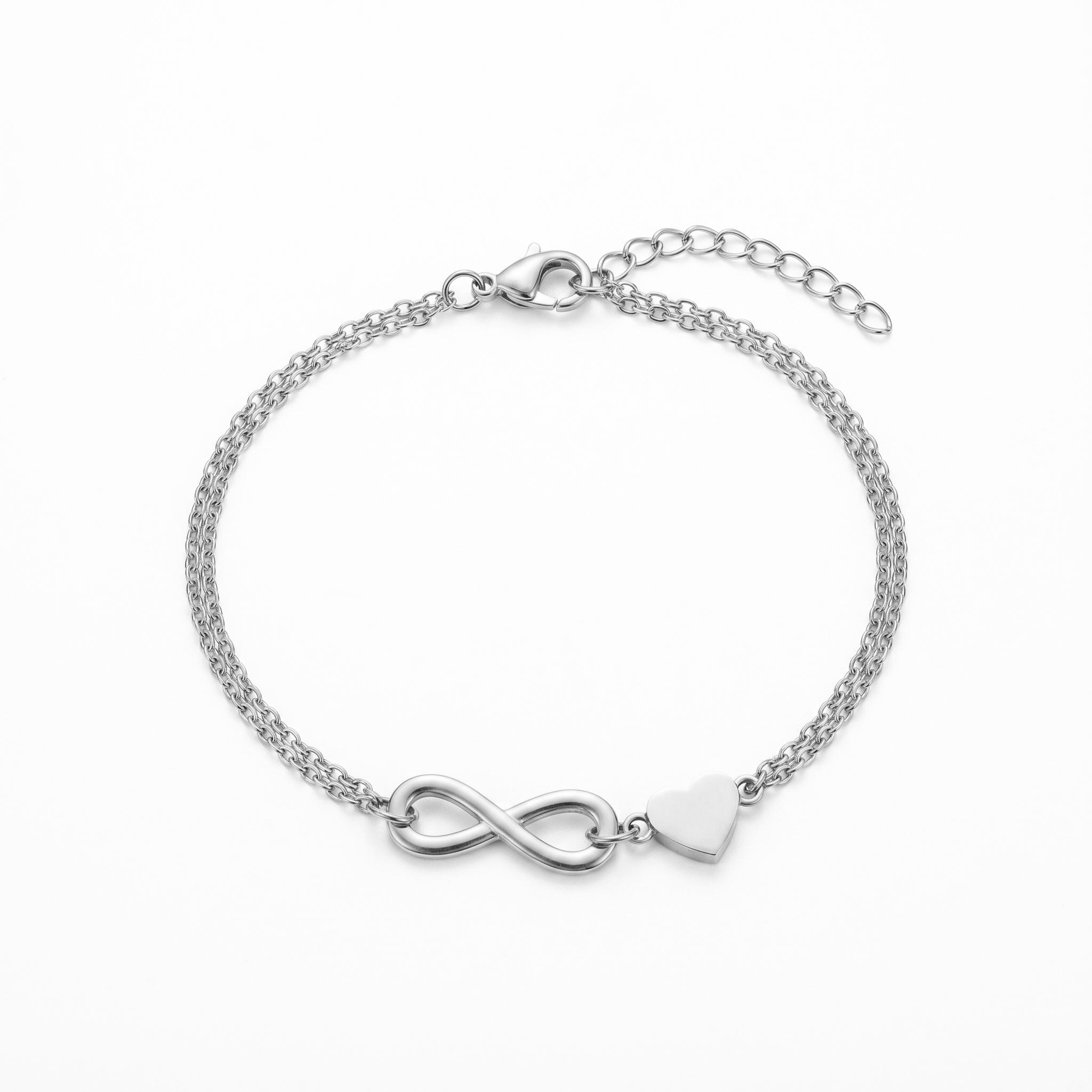 QIAOREN 10578 Infinity Liebesherz Kette Armband 18K Vergoldeter Edelstahl Wasserdicht Anlaufgeschützt Schmuck für Damen 28CM silber