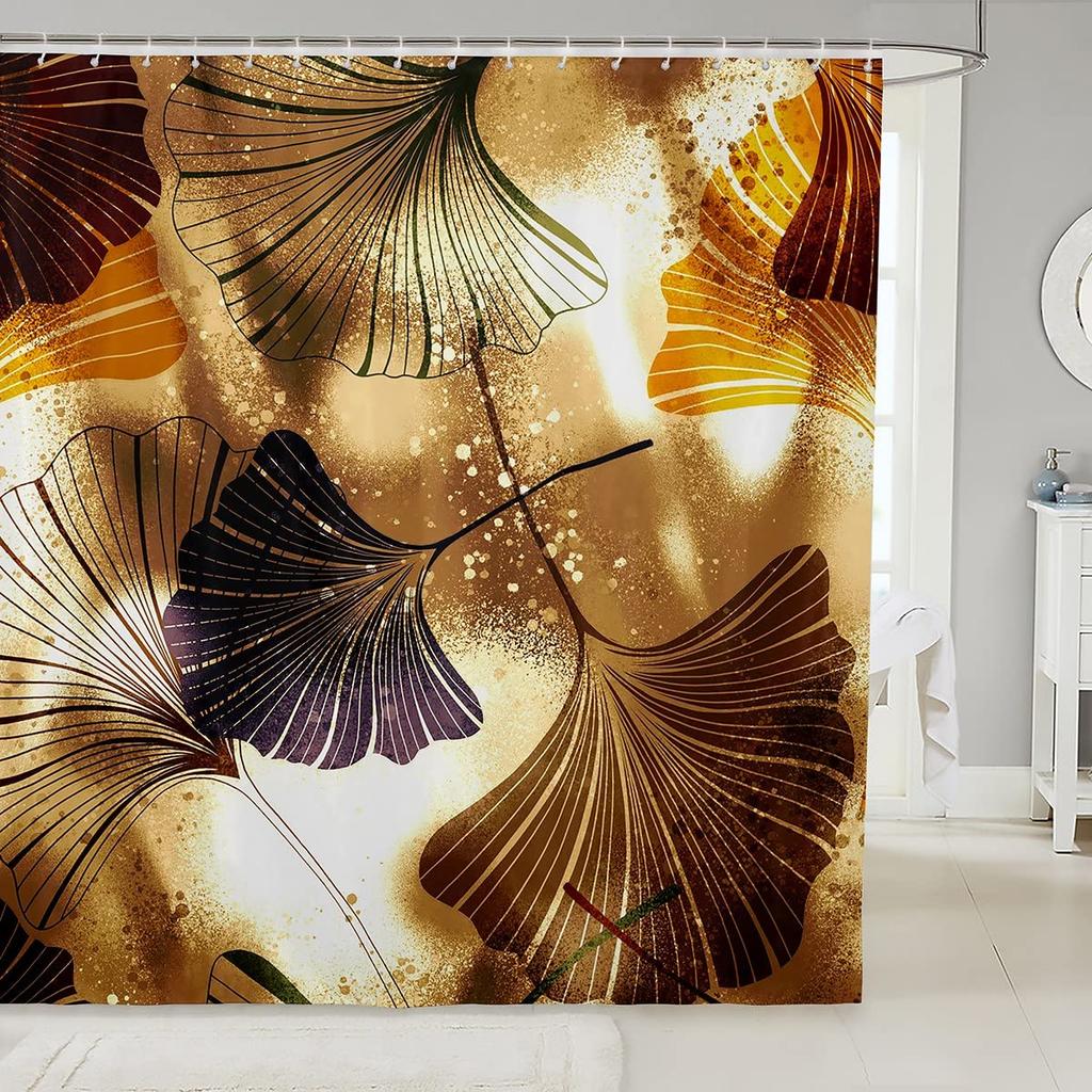 Green Ginkgo Biloba Shower Curtain Gold Ginkgo Leaves Modern Bathroom Shower Curtains Set Waterproof Botanical Bath Curtain Sets