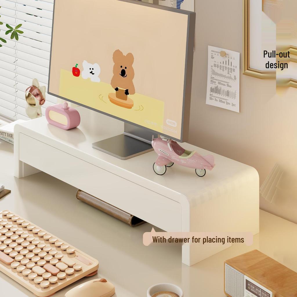 Solid Wood Monitor Stand for Girls' Office with Storage Shelf