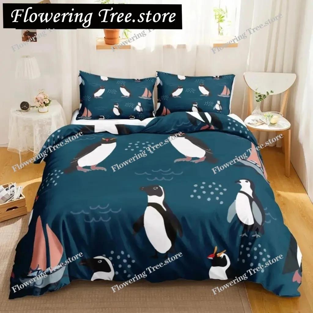 Penguin Duvet Cover Antarctic Animals Duvet Cover for Kids Boys Girls Cartoon Style Twin Size Winter King Polyester Qulit Cover