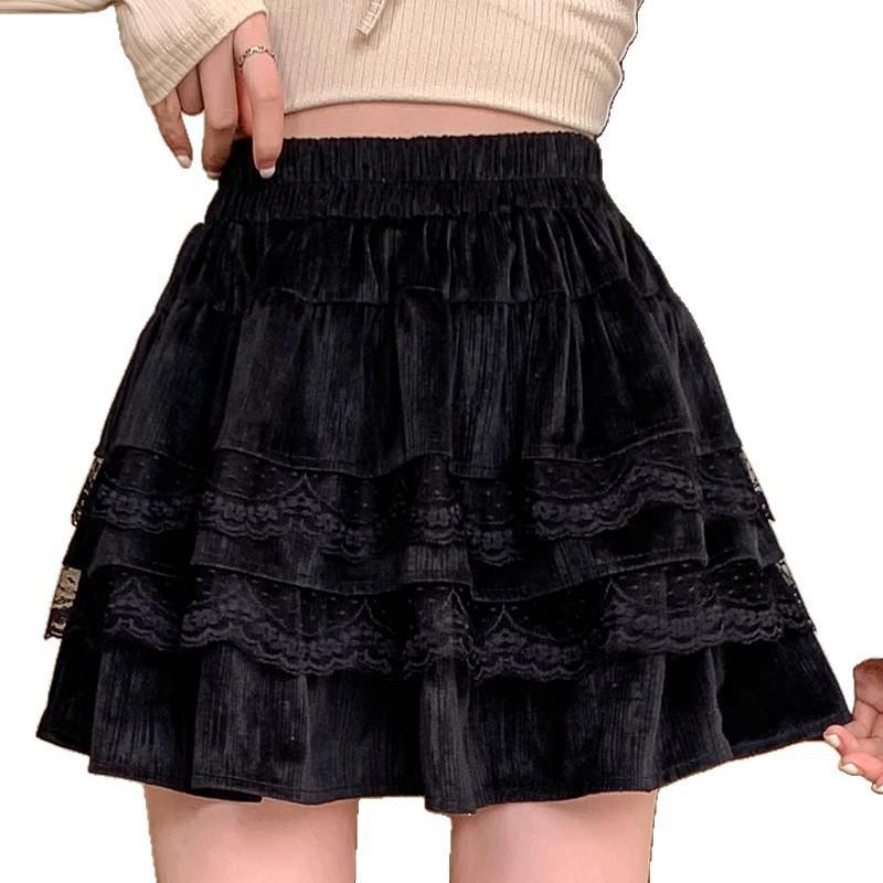White Lace High-Waisted A-line Pleated Petite Ballet Skirt for Women - Spring/Autumn Short Fluffy Half Skirt
