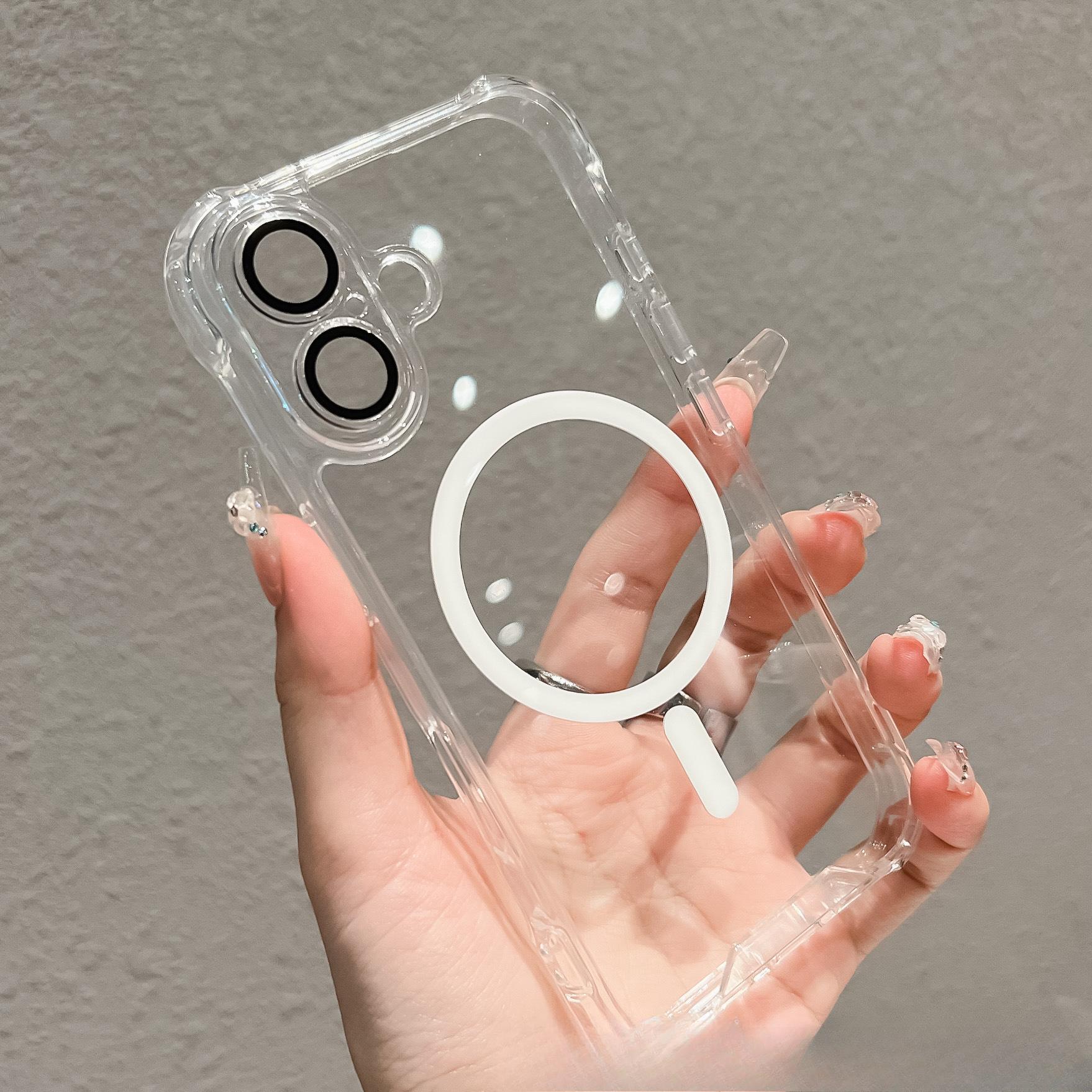 

Большое четырехугольное магнитное притяжение подходит для iPhone16ProMAX, прозрачный и простой защитный чехол для телефона и пленка для объектива Apple 15 iPhone 11 белый