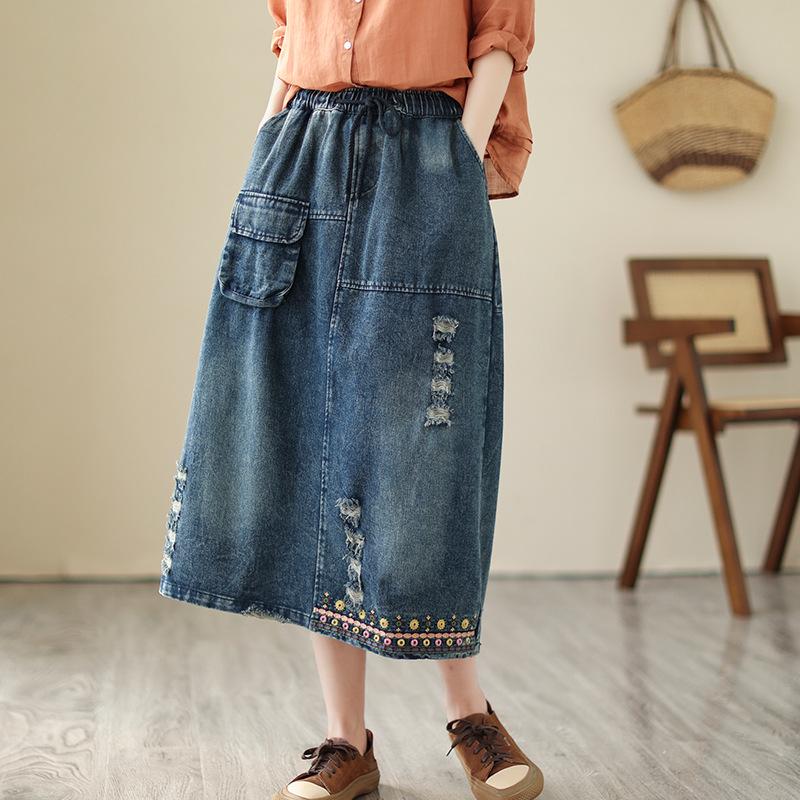 

осенняя винтажная вышитая рваная джинсовая юбка с эластичной талией, прилегающего силуэта, А-силуэта, средней длины, женская юбка XL