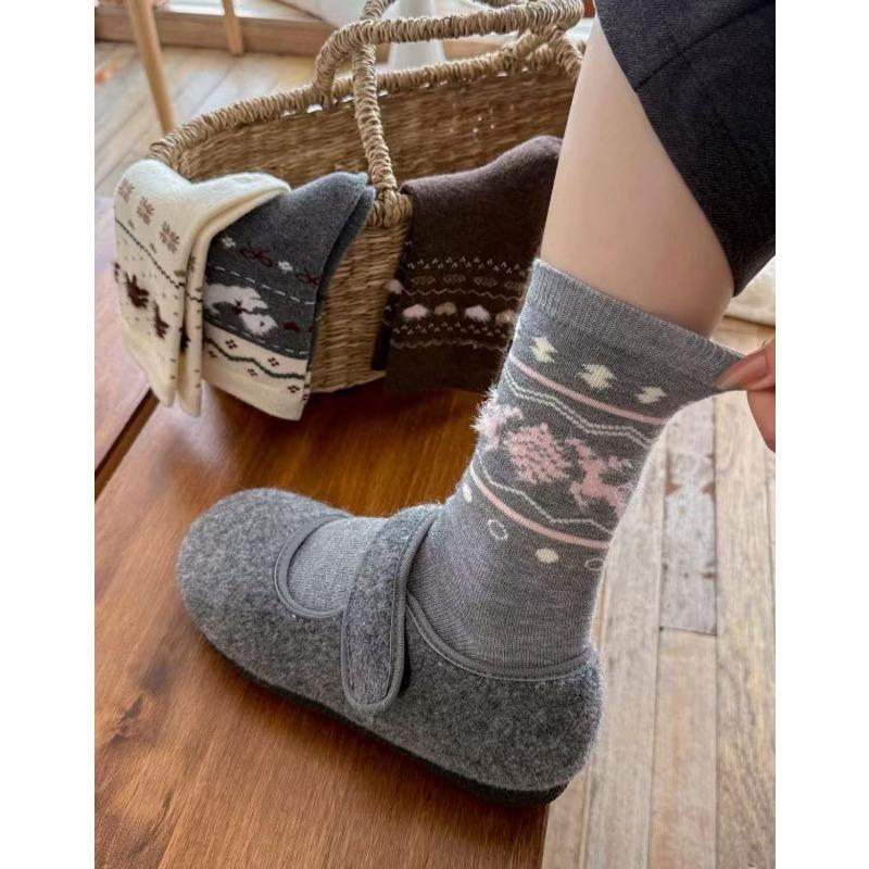 Retro Warm Fleece Socks for Women's Autumn and Winter Warmth, Thickened Mid-calf Socks, Cute Bow, Doggy Dui Dui Socks