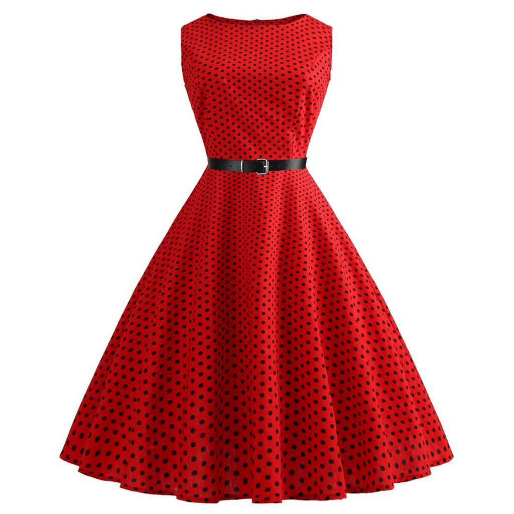 Women's Retro Hepburn Style One Neckline Sleeveless Polka Dot Printed Dress with Black Belt