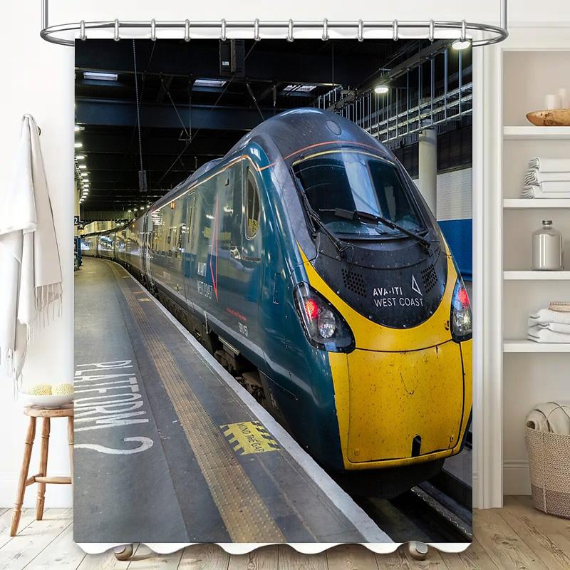 Tenda da Doccia Treno Vintage Treno a Vapore Ferrovia Retrò Sfondo Decorazione Bagno Appeso Artistico Panoramico a Parete