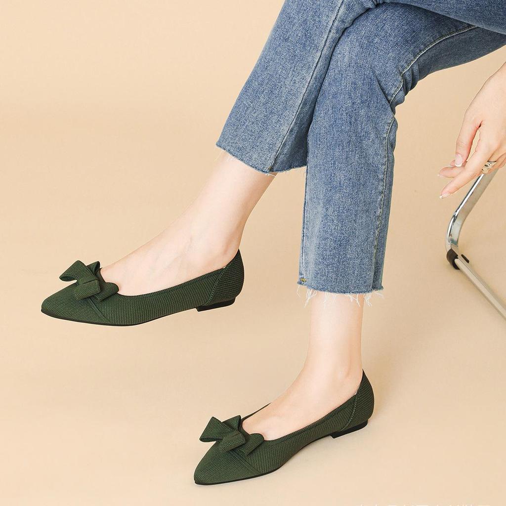 Punta Appuntita Bocca Bassa Tessuto Fondo Piatto Donna Fiocco Lavorato a Maglia Fondo Morbido Scarpe Grandi Taglia 34-43