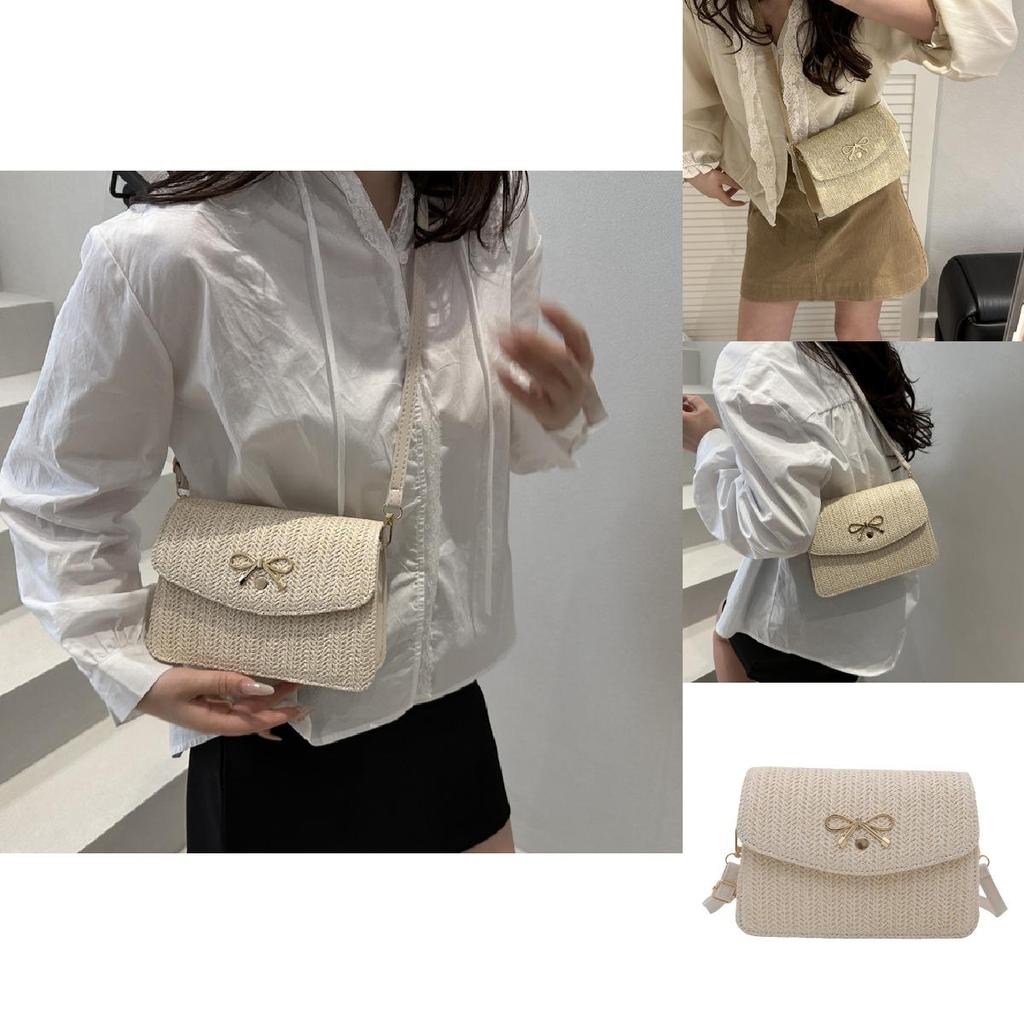 Simple Gold Bow Decoration Woven Texture Women Casual Shoulder Bag For Daily Use