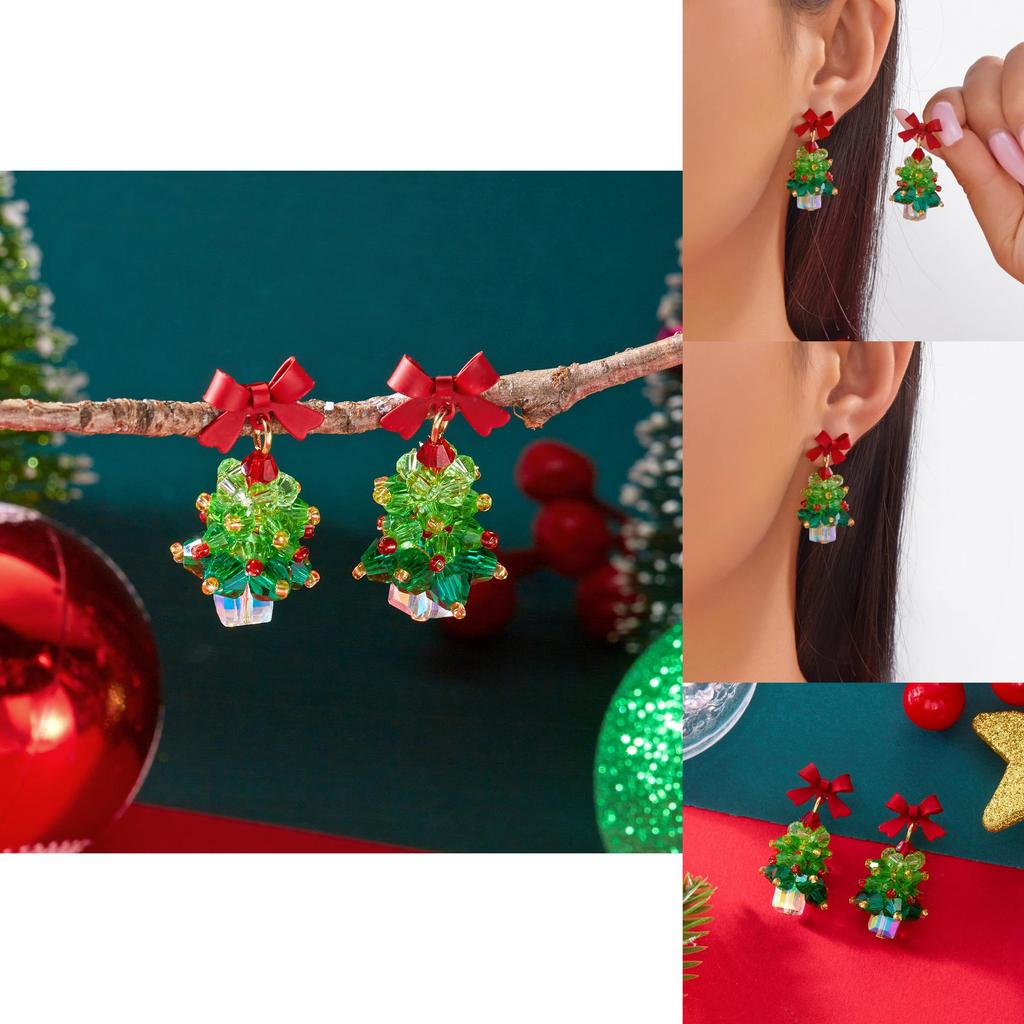Christmas Tree Earrings Girls Alloy Red Bow Sparkling Jewelry With Holiday Style For Women