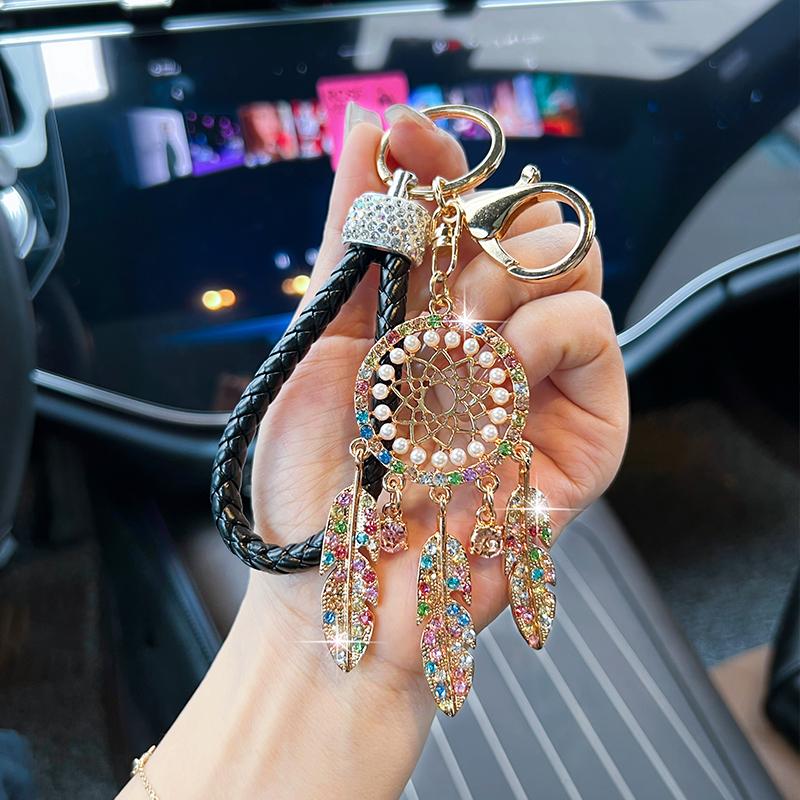 Новий підвіска-брелок для ключів автомобіля у формі ловець снів з інкрустацією стразами, креативний плетіний шнур з пір'ям, підвіска для сумки, маленький подарунок